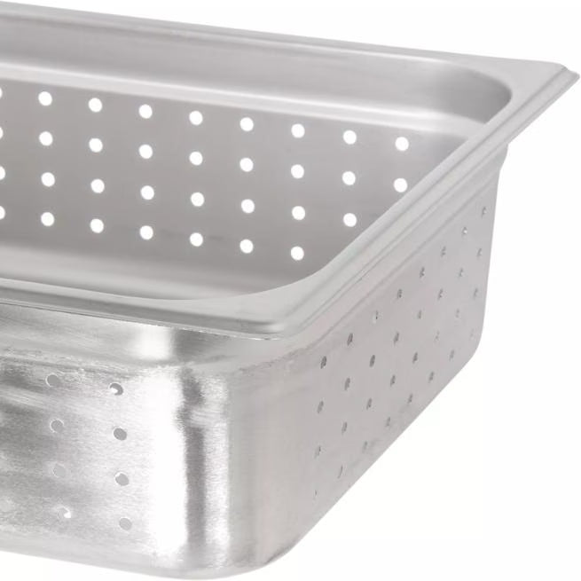 Steam and drain food efficiently with the DuraPan Light Gauge Stainless Steel Perforated Steam Table Hotel Pan 1/2 Size 4 Inch Deep 607124P. Features a perforated design, spoonable bottoms, freezer-to-oven versatility, and Coldmaster compatibility.