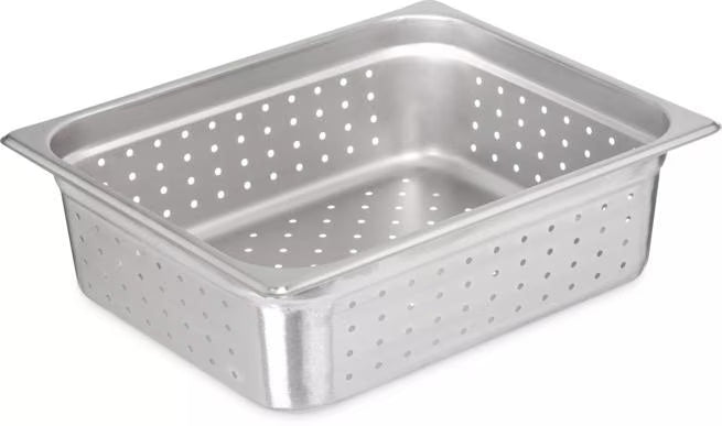 Steam and drain food efficiently with the DuraPan Light Gauge Stainless Steel Perforated Steam Table Hotel Pan 1/2 Size 4 Inch Deep 607124P. Features a perforated design, spoonable bottoms, freezer-to-oven versatility, and Coldmaster compatibility.