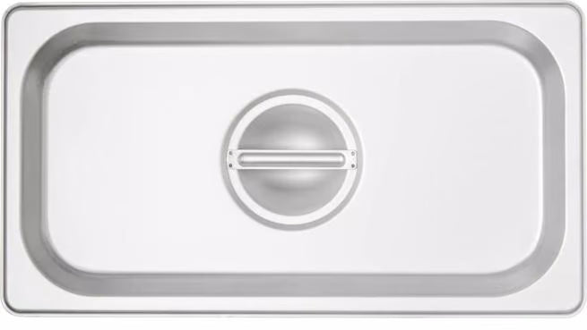 Protect food with the DuraPan Stainless Steel Steam Table Hotel Pan Handled Cover 1/3 Size 607130C. Features heavy gauge stainless steel construction, a comfortable concave handle, and dishwasher-safe cleaning.