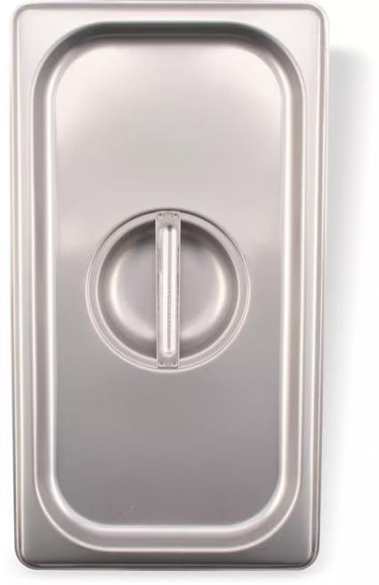 Protect food with the DuraPan Stainless Steel Steam Table Hotel Pan Handled Cover 1/3 Size 607130C. Features heavy gauge stainless steel construction, a comfortable concave handle, and dishwasher-safe cleaning.