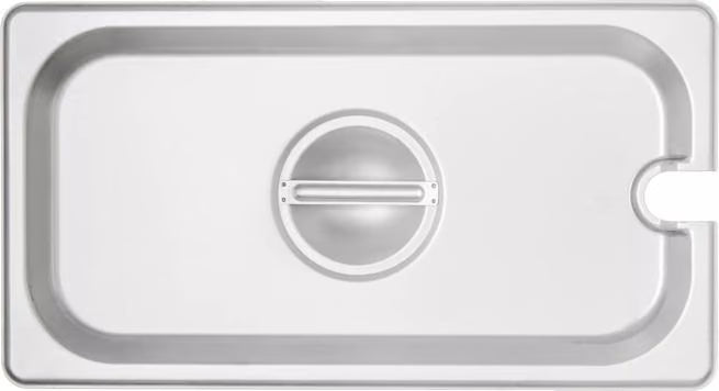 Protect and serve food efficiently with the DuraPan Stainless Steel Hotel Pan Slotted Handled Cover 1/3 Size 607130CS. Features heavy gauge stainless steel, a serving spoon notch, and a comfortable concave handle.