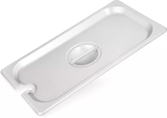 Protect and serve food efficiently with the DuraPan Stainless Steel Hotel Pan Slotted Handled Cover 1/3 Size 607130CS. Features heavy gauge stainless steel, a serving spoon notch, and a comfortable concave handle.
