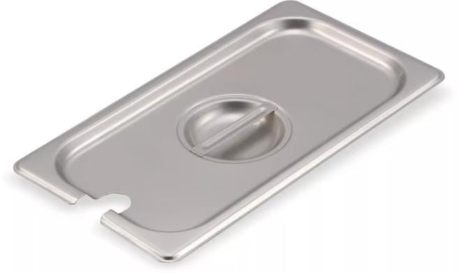 Protect and serve food efficiently with the DuraPan Stainless Steel Hotel Pan Slotted Handled Cover 1/3 Size 607130CS. Features heavy gauge stainless steel, a serving spoon notch, and a comfortable concave handle.