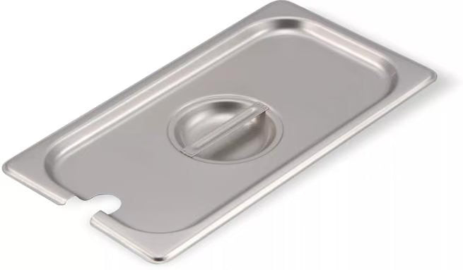 Protect and serve food efficiently with the DuraPan Stainless Steel Hotel Pan Slotted Handled Cover 1/3 Size 607130CS. Features heavy gauge stainless steel, a serving spoon notch, and a comfortable concave handle.