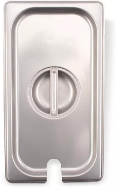 Protect and serve food efficiently with the DuraPan Stainless Steel Hotel Pan Slotted Handled Cover 1/3 Size 607130CS. Features heavy gauge stainless steel, a serving spoon notch, and a comfortable concave handle.