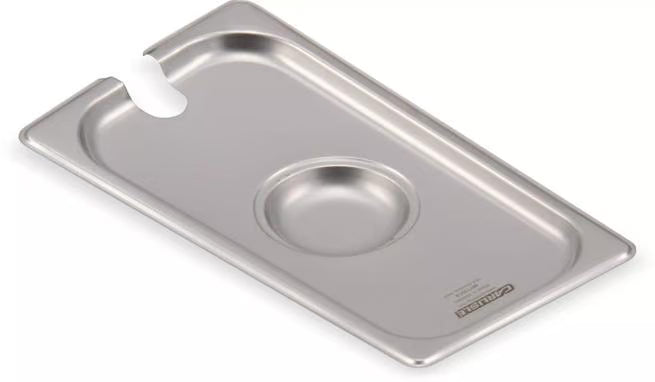 Protect and serve food efficiently with the DuraPan Stainless Steel Hotel Pan Slotted Handled Cover 1/3 Size 607130CS. Features heavy gauge stainless steel, a serving spoon notch, and a comfortable concave handle.