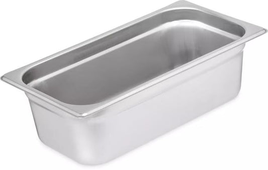 Prepare and serve food efficiently with the DuraPan Light Gauge Stainless Steel Steam Table Hotel Pan 1/3 Size 4 Inch Deep 607134. Features spoonable bottoms, freezer-to-oven versatility, and Coldmaster compatibility.