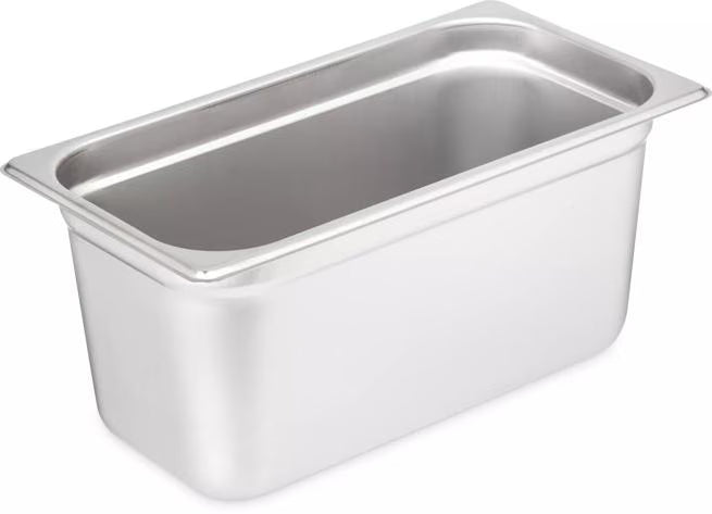 Prepare and serve food efficiently with the DuraPan Light Gauge Stainless Steel Steam Table Hotel Pan 1/3 Size 6 Inch Deep 607136. Features spoonable bottoms, freezer-to-oven versatility, and Coldmaster compatibility.