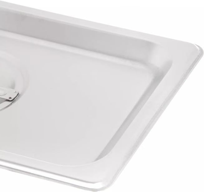 Protect food with the DuraPan Stainless Steel Steam Table Hotel Pan Handled Cover 1/4 Size 607140C. Features heavy gauge stainless steel construction and a comfortable concave handle.