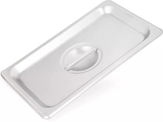 Protect food with the DuraPan Stainless Steel Steam Table Hotel Pan Handled Cover 1/4 Size 607140C. Features heavy gauge stainless steel construction and a comfortable concave handle.