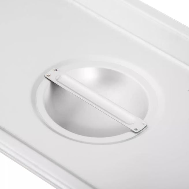 Protect and serve food efficiently with the DuraPan Stainless Steel Hotel Pan Slotted Handled Cover 1/4 Size 607140CS. Features heavy gauge stainless steel, a serving spoon notch, and a comfortable concave handle.