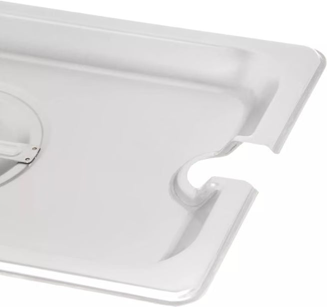 Protect and serve food efficiently with the DuraPan Stainless Steel Hotel Pan Slotted Handled Cover 1/4 Size 607140CS. Features heavy gauge stainless steel, a serving spoon notch, and a comfortable concave handle.