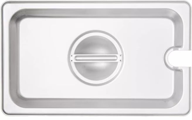 Protect and serve food efficiently with the DuraPan Stainless Steel Hotel Pan Slotted Handled Cover 1/4 Size 607140CS. Features heavy gauge stainless steel, a serving spoon notch, and a comfortable concave handle.