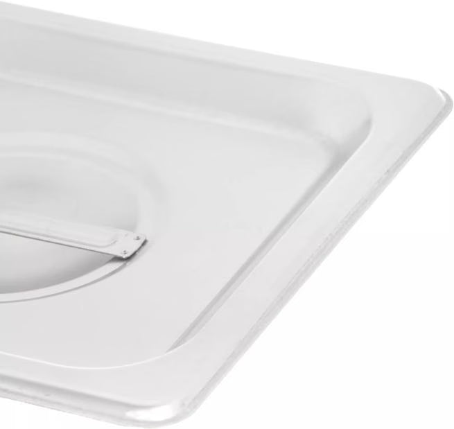 Protect food with the DuraPan Stainless Steel Steam Table Hotel Pan Handled Cover 1/6 Size 607160C. Features heavy gauge stainless steel construction and a comfortable concave handle.