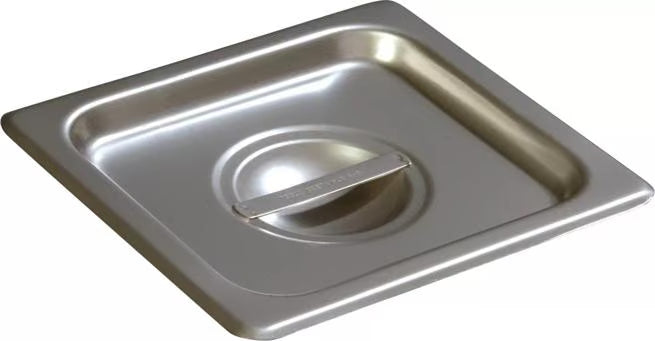 Protect food with the DuraPan Stainless Steel Steam Table Hotel Pan Handled Cover 1/6 Size 607160C. Features heavy gauge stainless steel construction and a comfortable concave handle.