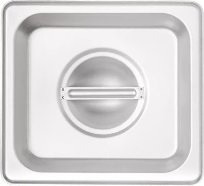 Protect food with the DuraPan Stainless Steel Steam Table Hotel Pan Handled Cover 1/6 Size 607160C. Features heavy gauge stainless steel construction and a comfortable concave handle.