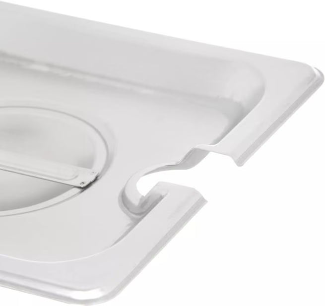 Protect and serve food efficiently with the DuraPan Stainless Steel Hotel Pan Slotted Handled Cover 1/6 Size 607160CS. Features heavy gauge stainless steel, a serving spoon notch, and a comfortable concave handle.