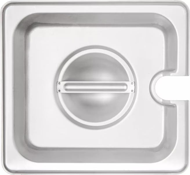 Protect and serve food efficiently with the DuraPan Stainless Steel Hotel Pan Slotted Handled Cover 1/6 Size 607160CS. Features heavy gauge stainless steel, a serving spoon notch, and a comfortable concave handle.