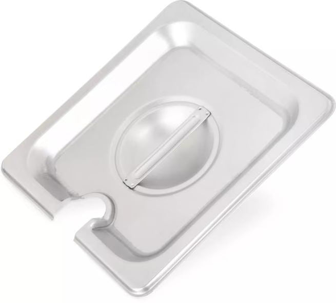 Protect and serve food efficiently with the DuraPan Stainless Steel Hotel Pan Slotted Handled Cover 1/6 Size 607160CS. Features heavy gauge stainless steel, a serving spoon notch, and a comfortable concave handle.
