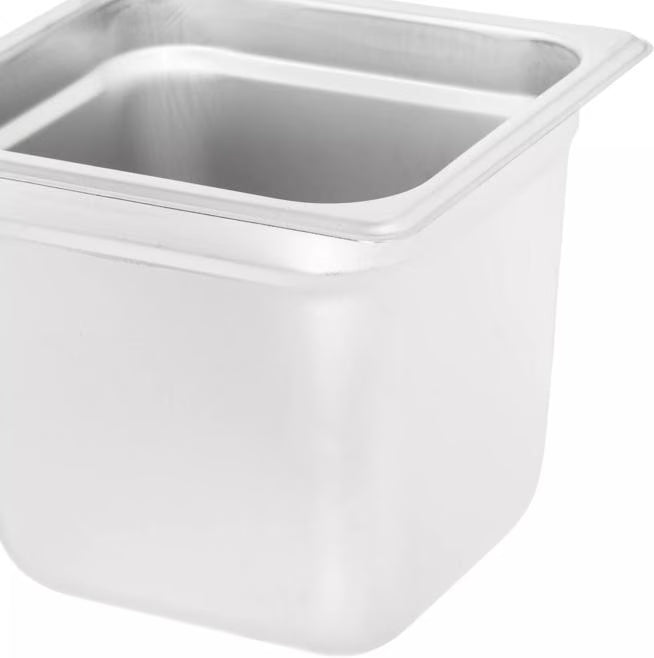 Prepare and serve food efficiently with the DuraPan Light Gauge Stainless Steel Steam Table Hotel Pan 1/6 Size 6 Inch Deep 607166. Features spoonable bottoms, freezer-to-oven versatility, and Coldmaster compatibility.