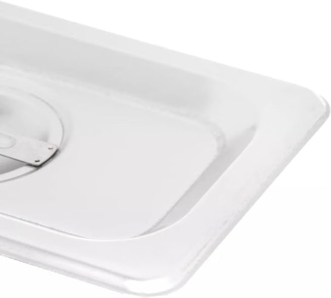 Protect food with the DuraPan Stainless Steel Steam Table Hotel Pan Handled Cover 1/9 Size 607190C. Features heavy gauge stainless steel construction and a comfortable concave handle.