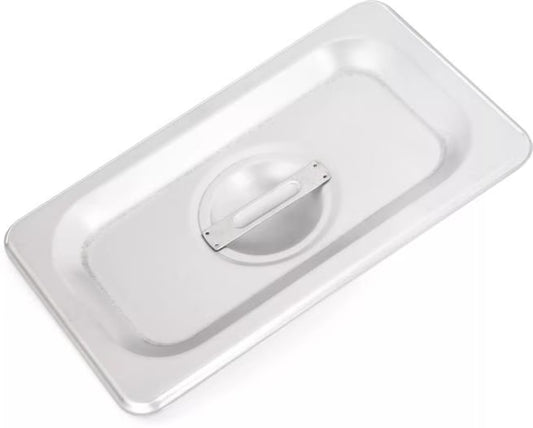 Protect food with the DuraPan Stainless Steel Steam Table Hotel Pan Handled Cover 1/9 Size 607190C. Features heavy gauge stainless steel construction and a comfortable concave handle.
