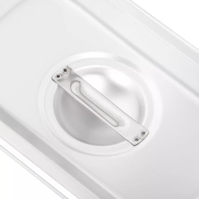 Protect and serve food efficiently with the DuraPan Stainless Steel Hotel Pan Slotted Handled Cover 1/9 Size 607190CS. Features heavy gauge stainless steel, a serving spoon notch, and a comfortable concave handle.