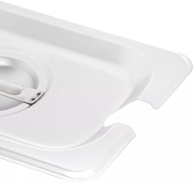 Protect and serve food efficiently with the DuraPan Stainless Steel Hotel Pan Slotted Handled Cover 1/9 Size 607190CS. Features heavy gauge stainless steel, a serving spoon notch, and a comfortable concave handle.