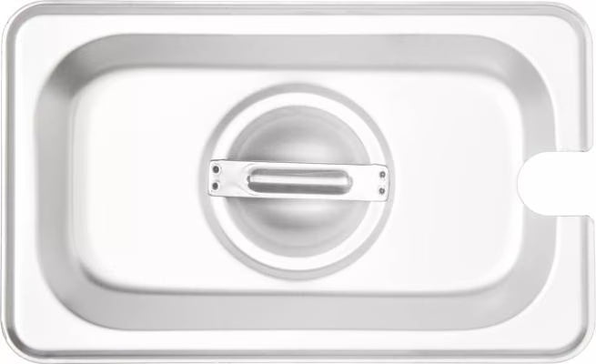 Protect and serve food efficiently with the DuraPan Stainless Steel Hotel Pan Slotted Handled Cover 1/9 Size 607190CS. Features heavy gauge stainless steel, a serving spoon notch, and a comfortable concave handle.