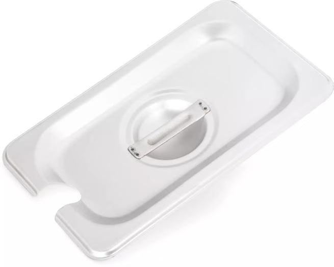 Protect and serve food efficiently with the DuraPan Stainless Steel Hotel Pan Slotted Handled Cover 1/9 Size 607190CS. Features heavy gauge stainless steel, a serving spoon notch, and a comfortable concave handle.