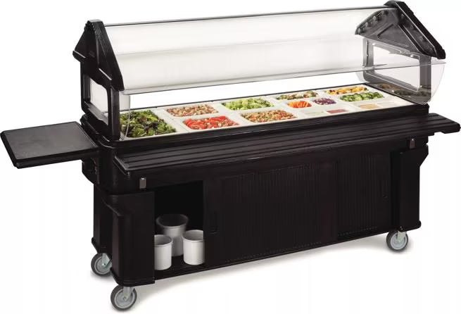 Serve and organize with the 6 x 2 x 4.2 Foot Black Six Star Portable Food Bar with Storage 661103. Features concealed sliding door storage, acrylic shields, insulated construction, swivel casters and flexible food pan configurations.