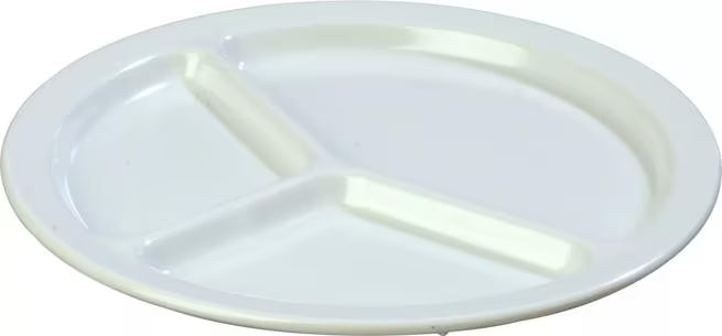 10 Inch White Melamine 3 Compartment Plate with break resistant, stain resistant construction. Dishwasher safe for restaurants, cafeterias, healthcare facilities, catering, and home dining.