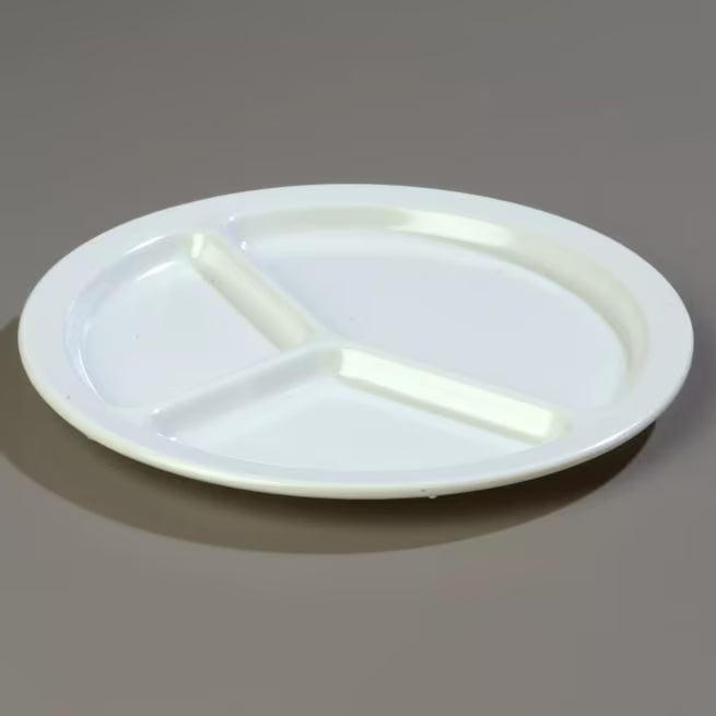 10 Inch White Melamine 3 Compartment Plate with break resistant, stain resistant construction. Dishwasher safe for restaurants, cafeterias, healthcare facilities, catering, and home dining.