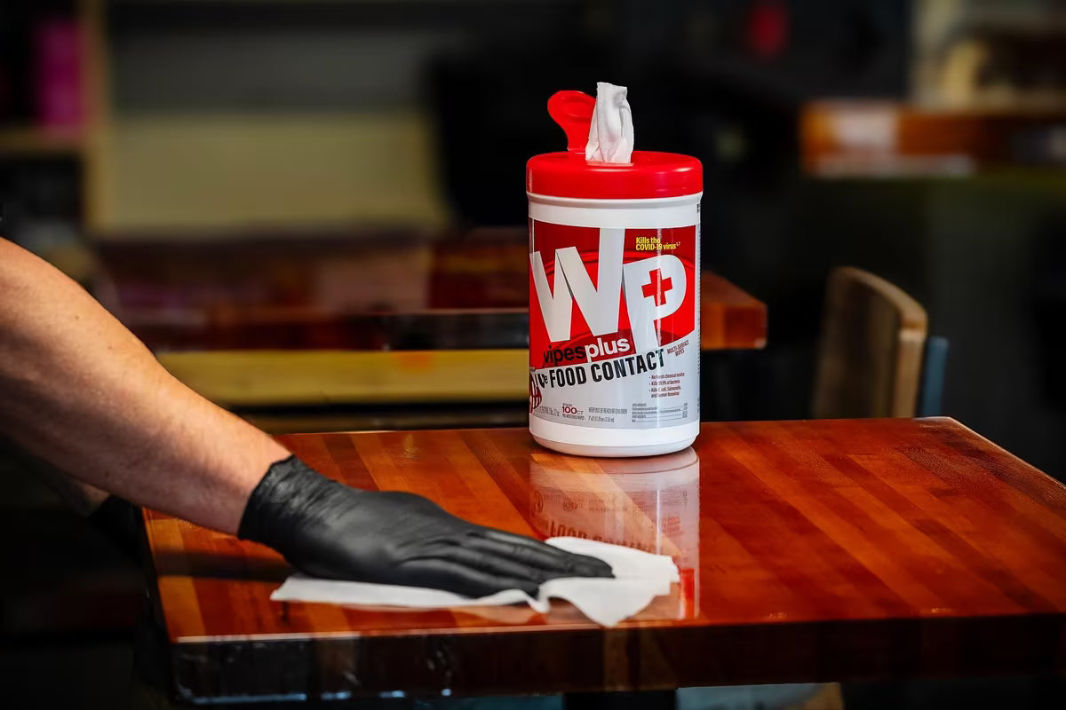 WipesPlus 100 Count No-Rinse Food Contact Multi-Surface Wipes are EPA registered and NSF Listed. Kills 99.9% of bacteria, foodborne pathogens, the COVID-19 virus and the Flu virus with no rinse required on food contact surfaces.