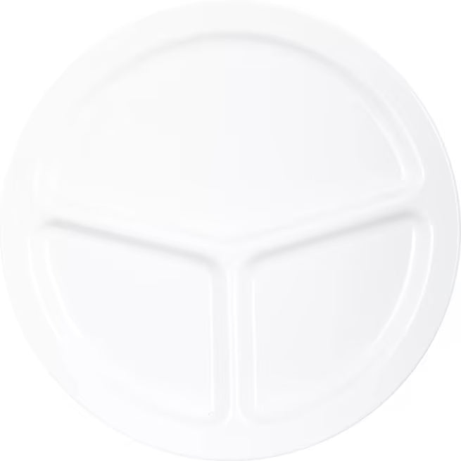 10 Inch White Melamine 3 Compartment Plate with break resistant, stain resistant construction. Dishwasher safe for restaurants, cafeterias, healthcare facilities, catering, and home dining.