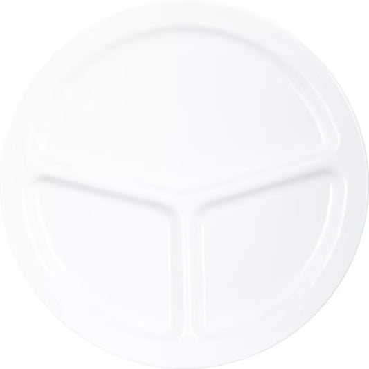 10 Inch White Melamine 3 Compartment Plate with break resistant, stain resistant construction. Dishwasher safe for restaurants, cafeterias, healthcare facilities, catering, and home dining.