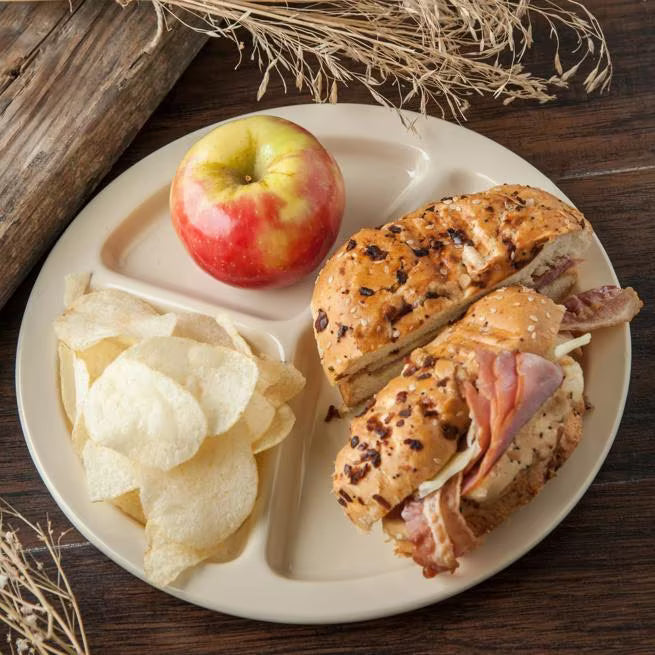 10" Tan Melamine 3 Compartment Plate with break resistant, stain resistant construction. Ideal for cafeterias, restaurants, catering, and foodservice.