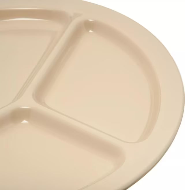 10" Tan Melamine 3 Compartment Plate with break resistant, stain resistant construction. Ideal for cafeterias, restaurants, catering, and foodservice.