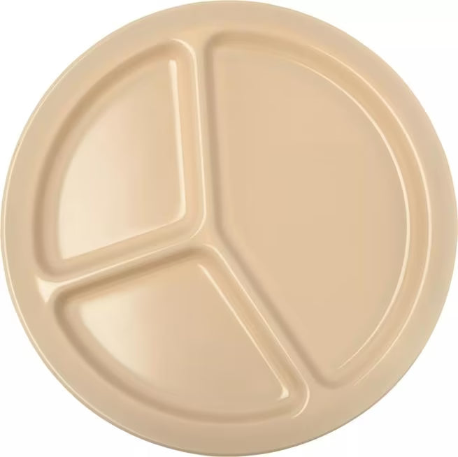 10" Tan Melamine 3 Compartment Plate with break resistant, stain resistant construction. Ideal for cafeterias, restaurants, catering, and foodservice.