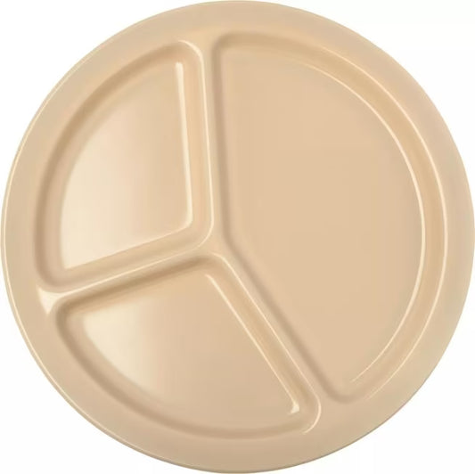 10" Tan Melamine 3 Compartment Plate with break resistant, stain resistant construction. Ideal for cafeterias, restaurants, catering, and foodservice.
