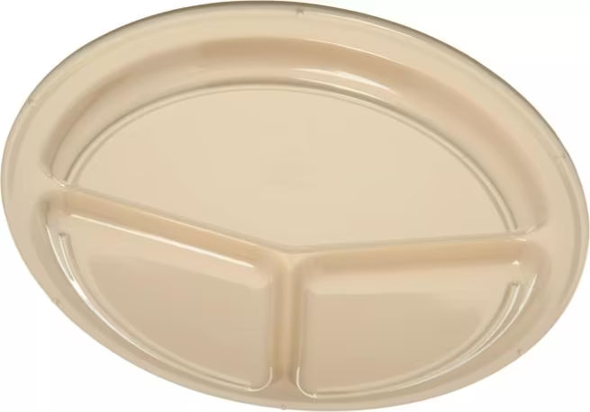 10" Tan Melamine 3 Compartment Plate with break resistant, stain resistant construction. Ideal for cafeterias, restaurants, catering, and foodservice.