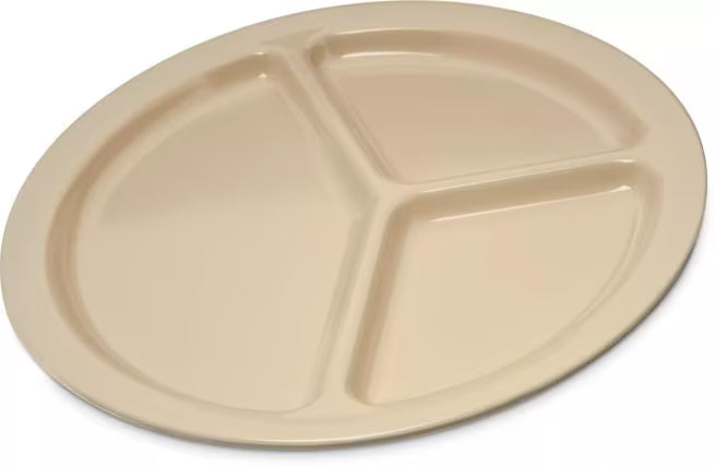 10" Tan Melamine 3 Compartment Plate with break resistant, stain resistant construction. Ideal for cafeterias, restaurants, catering, and foodservice.
