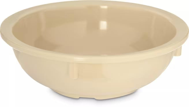 14 oz Tan Melamine Nappie Bowl with break resistant, stain resistant construction. Ideal for restaurants, cafeterias, catering, and home dining.
