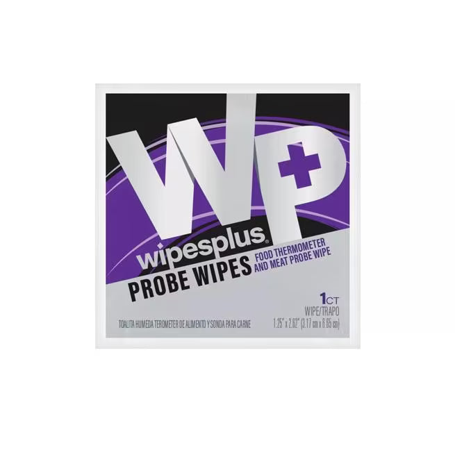 WipesPlus 100 Count Probe Wipe Sachets feature pre-moistened alcohol wipes for fast thermometer probe cleaning. Non corrosive single use packets help reduce cross contamination and support food safety.