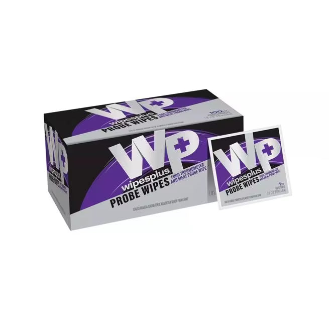 WipesPlus 100 Count Probe Wipe Sachets feature pre-moistened alcohol wipes for fast thermometer probe cleaning. Non corrosive single use packets help reduce cross contamination and support food safety.