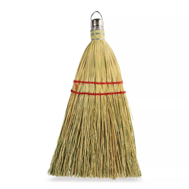 13 Inch Tan Corn Whisk with high bristle fill count for extended use. Made with 80% rattan and 20% corn fiber bristles with a built in hanging loop for commercial and household cleaning.