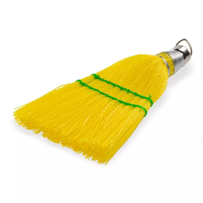 9 Inch Yellow Synthetic Corn Whisk with chemical and liquid resistant bristles that withstand temperatures up to 225°F. X shaped bristles provide superior sweeping on carpets, entry mats and hard floors.