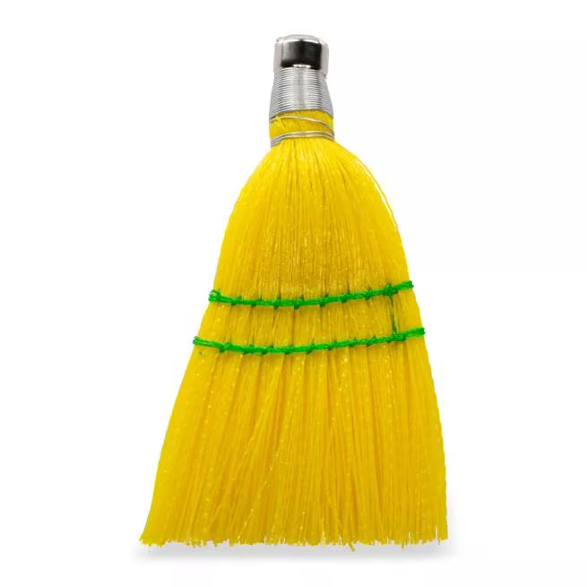 9 Inch Yellow Synthetic Corn Whisk with chemical and liquid resistant bristles that withstand temperatures up to 225°F. X shaped bristles provide superior sweeping on carpets, entry mats and hard floors.
