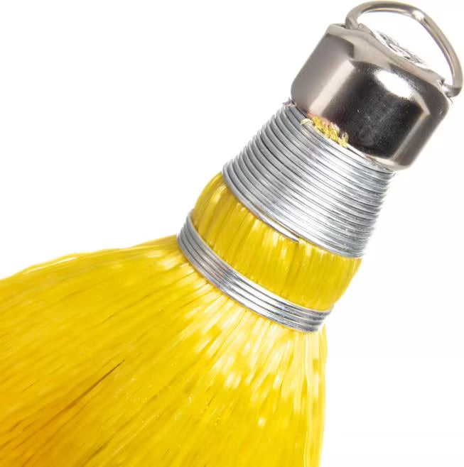 9 Inch Yellow Synthetic Corn Whisk with chemical and liquid resistant bristles that withstand temperatures up to 225°F. X shaped bristles provide superior sweeping on carpets, entry mats and hard floors.