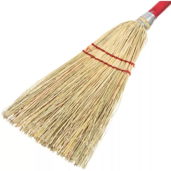 34 Inch Red Corn Lobby Broom 3 Pack made from a 100% natural corn blend with durable rattan and corn fiber bristles. Ideal for sweeping hard floors in commercial and residential environments.